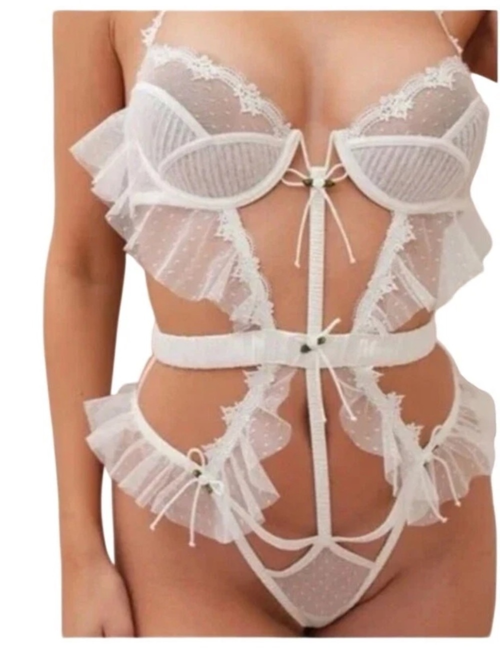 For Love & Lemons Eternal Rose Lace Ribbons Teddy Sz Small DD Bridal White NWT